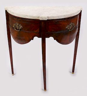 AN 18TH C. FRENCH TWO DRAWER DEMI-LUNE CONSOLE