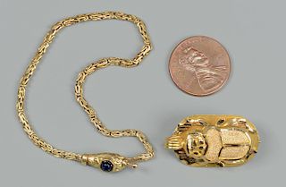 2 Egyptian Style Jewelry Items, 14k