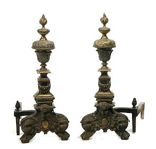 A PAIR 19TH C. FRENCH HAIRY PAW FOOT BRASS ANDIRONS