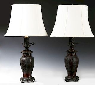 19TH C. FLUID LAMPS IN THE FORM OF CHINESE BRONZE