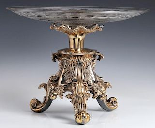 A SILVERED BRONZE AND CUT CRYSTAL ROCOCO TAZZA