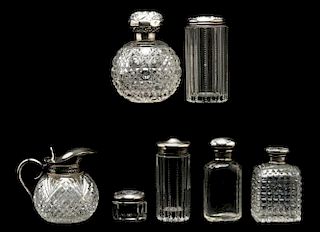 STERLING SILVER TOPPED DRESSER JARS AND PITCHER