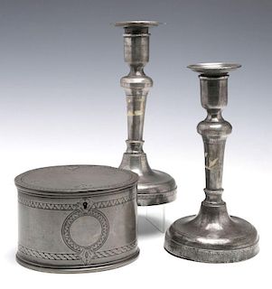 18TH C. . PEWTER CANDLE STICKS GROUPED WITH A TEA CADDY