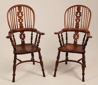 PAIR OF ENGLISH YEWWOOD AND ELM BROAD ARM WINDSOR CHAIRS