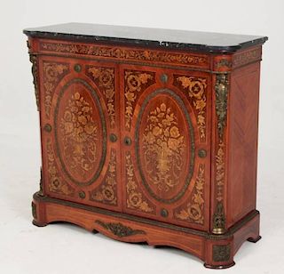 FRENCH STYLE MARQUETRY INLAID MARBLE TOP CABINET