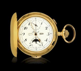 Hunter case pocket watch, quarter repeater, full calendar, chronograph, signed Rocail, 1890