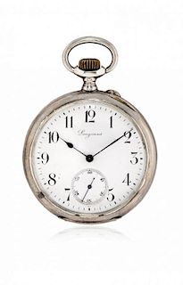 Three silver pocket watches, two Longines and one Bergeon, early 900s