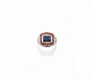 blue sapphire, ruby and diamond ring