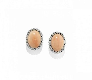 pair of coral and diamond ear clips
