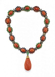 CORAL, DIAMOND AND GEM NECKLACE