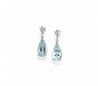 pair of aquamarine and diamond pendent earrings