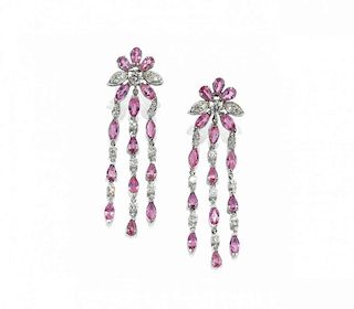 pair of pendent pink sapphire and diamond earrings