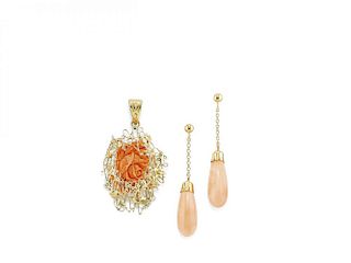 PAIR OF CORAL EARRINGS AND A PENDENT