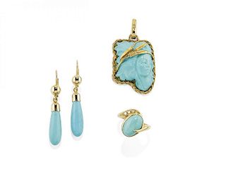 LOT OF YELLOW GOLD AND SYNTHETIC TURQUOISE