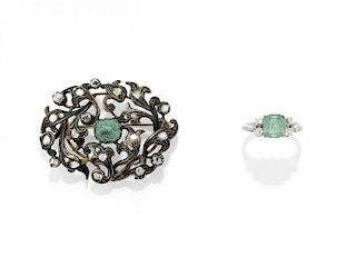 DIAMOND AND EMERALD BROOCH AND RING