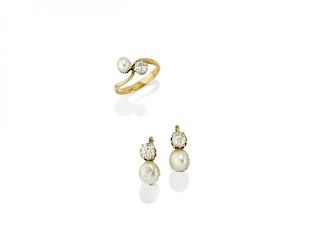 PAIR OF DIAMOND AND PEARL EARRINGS and  A RING