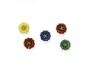 five gold and enamel brooches