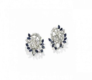 PAIR OF DIAMOND AND BLUE SAPPHIRE EAR CLIPS