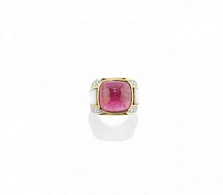 PINK TOURMALINE, MOTHER-OF-PEARL AND DIAMOND RING