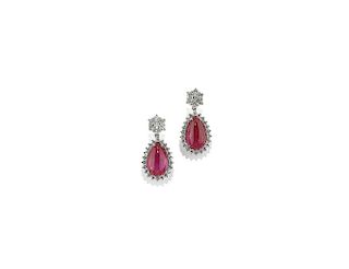 PAIR OF DIAMOND AND RUBY PENDENT EARRINGS