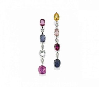 pair of diamond and gem pendent earrings