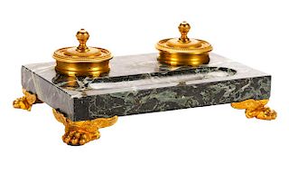French Gilt Bronze & Green Marble Encrier