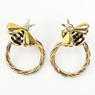 Vintage Cartier Diamond, Enamel and 18 Karat Tri-Color Gold Bee Twisted Hoop Earrings.