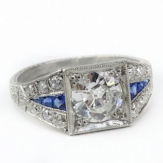 Art Deco Approx. .90 Carat Old European Cut Diamond, Sapphire and Diamond Ring.