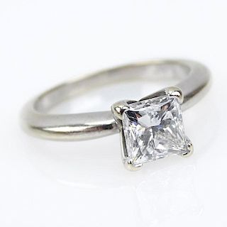 GIA Certified .91 Carat Princess Cut Diamond and 14 Karat White Gold Engagement Ring. .