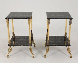 PAIR OF GILT METAL AND MARBLE TWO TIERED STANDS