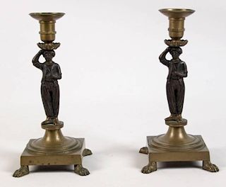 PAIR OF FIGURAL MOUNTED BRONZE CANDLESTICKS
