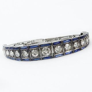 Art Deco Circa 1920s Approx. 3.25 Carat Old European Cut Diamond, Sapphire and Silver Bracelet.