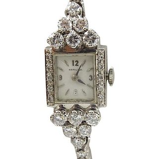 Lady's Vintage Approx. 3.50 Carat Round Brilliant Cut Diamond and 14 Karat White Gold Hamilton Bracelet Watch with Manual Mov