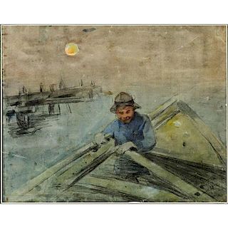 In the style of: Winslow Homer, American (1836-1910) Double sided watercolor and gouache on paper "Fisherman At Night", "Nigh