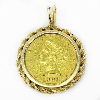 1901 US $10 Coronet Head Gold Coin in 14 Karat Yellow Gold Pendant.