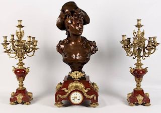 38"H FRENCH BRONZE AND ROUGE MARBLE CLOCK SET