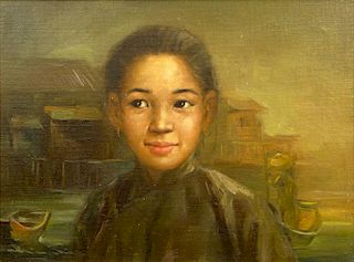 Mid 20th Century Possibly Chinese Oil on Canvas "Young Girl with Small Boats and Waterfront Buildings".