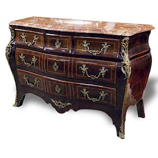 Mid 20th Century Regence Style Gilt Bronze Mounted Kingwood Marquetry Inlaid Marble Top Commode en Tombeau.
