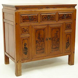 Circa 1900 Chinese Cypress Wood Commode with Three (3) Drawers, Two (2) Doors, Painted Decoration to Front.