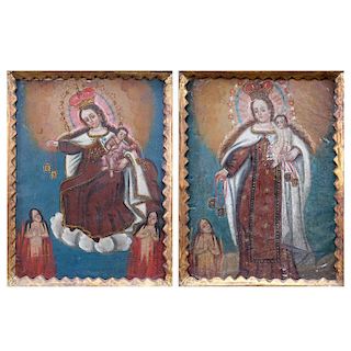 Pair of 19th Century Peruvian "Mary with Child" Icons Painted on Tin in Gilt Wood Frames.