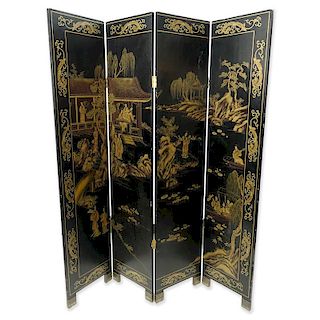 Modern Chinese Lacquered 4 Panel Screen.