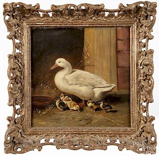 Oil on canvas of a duck and hatchlings, late 19th c., 12'' x 12''.
