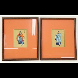 Pair of Vintage Japanese Colored Woodblock Prints On Woven Paper.