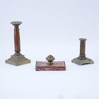 19th Century Bronze and Marble Candlestick, 19th Century Bronze and Brass Candlestick and 19/20th Century French Bronze Mount