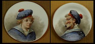 Pair of Early 20th Century Hand Painted Porcelain Plates in Shadow Box Frames "Sailorman" and "Son of a Sailorman".