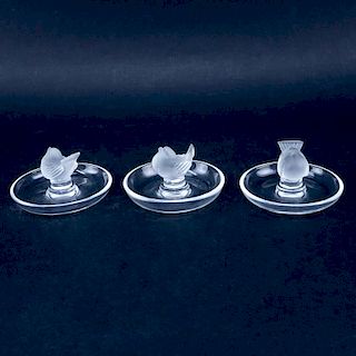 Set of Three (3) Lalique Finch Bird Frosted and Clear Ring Holders.