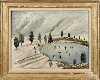 Oil on board primitive winter landscape, early/mid 20th c., with figures skating, signed Rabin, 15