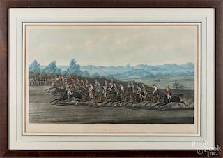 Color engraved horse racing scene, after Alken, 17'' x 30''.