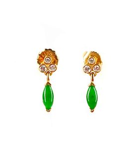 Pair, 18k Yellow Gold, Jade, & Diamond Earrings