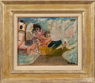 Oil on board, titled Mother's Worry, early/mid 20th c., signed Rabin, 8'' x 10''.